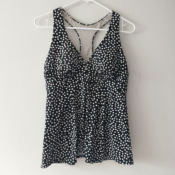 Lands End Tankini Swim Top 10 Black White Polka Dots Racer Back Padded Retro - Picture 1 of 6